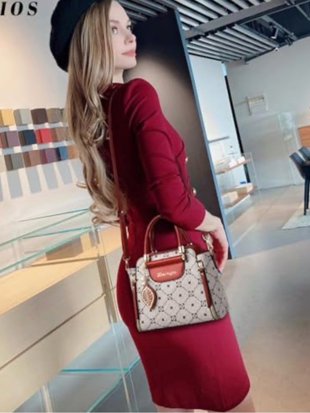 NWOT Red Patterned Top-Handle Satchel crossbody bag - Picture 4 of 12